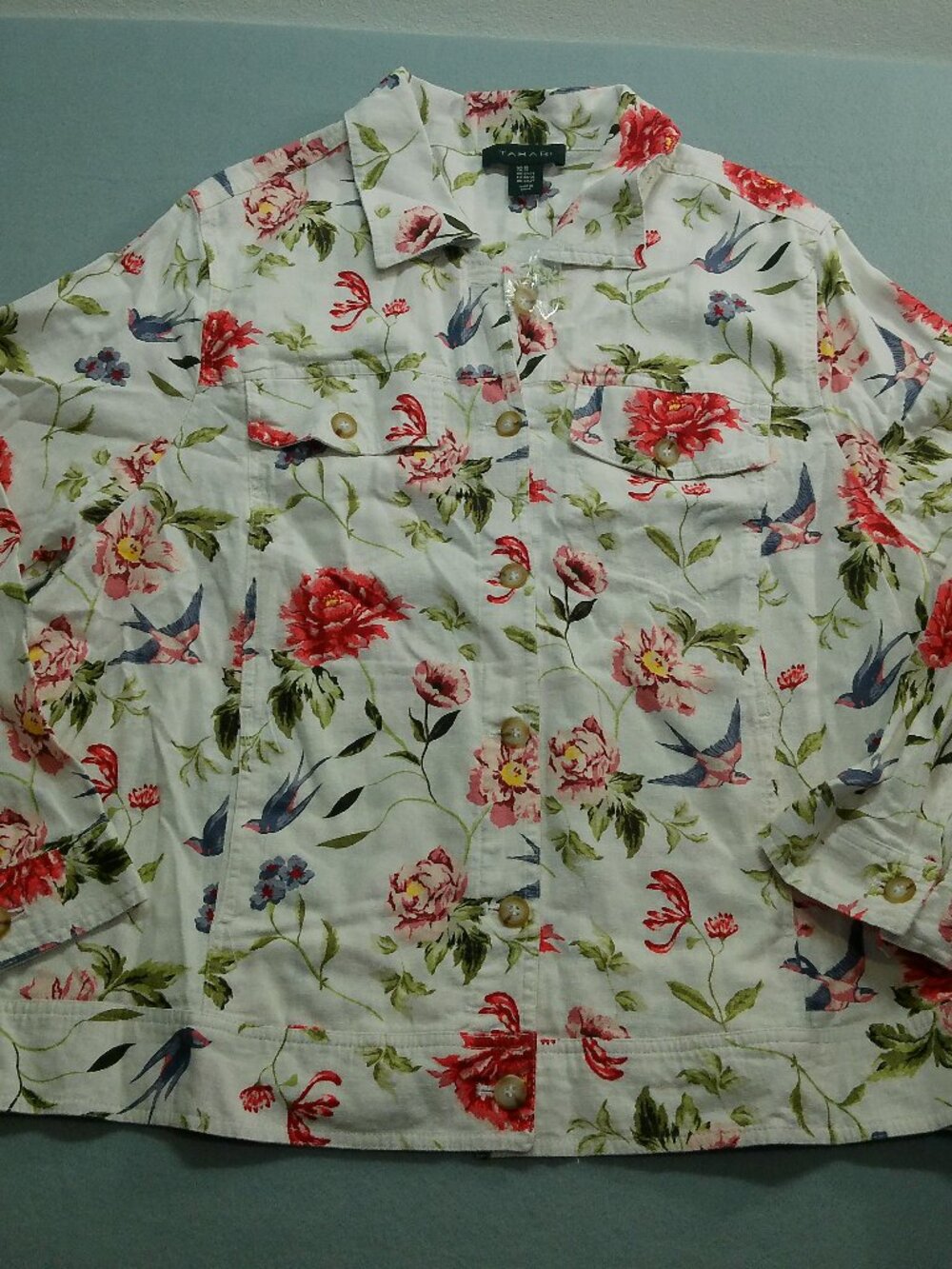 Women Button Up Shirt Jacket White Red Floral Linen Blend Pockets Tahiri Size2X